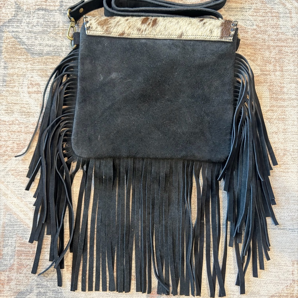 Turquoise Accent Cowhide Tooled Fringe Crossbody Bag - Picture 2 of 9